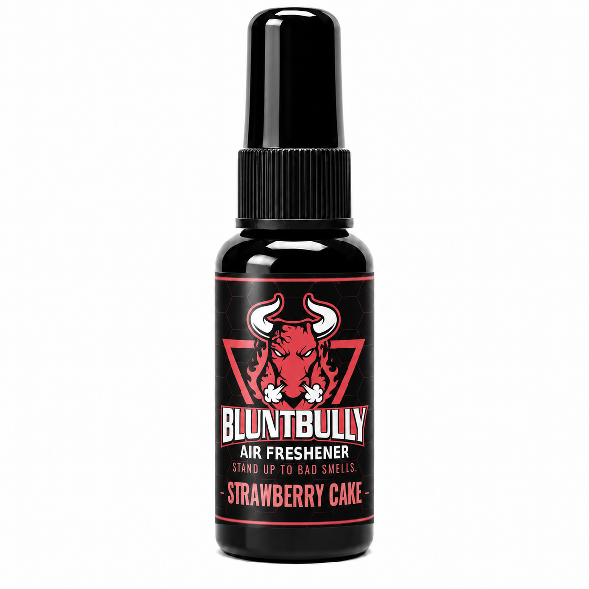 BluntBully Strawberry Cake air freshener 1 oz and 1.5 oz black spray bottle with individual scent label