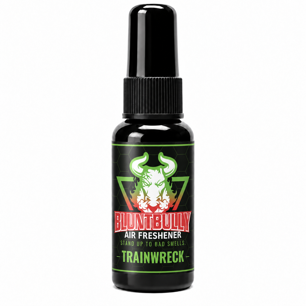 BluntBully Trainwreck air freshener 1 oz and 1.5 oz black spray bottle with individual scent label