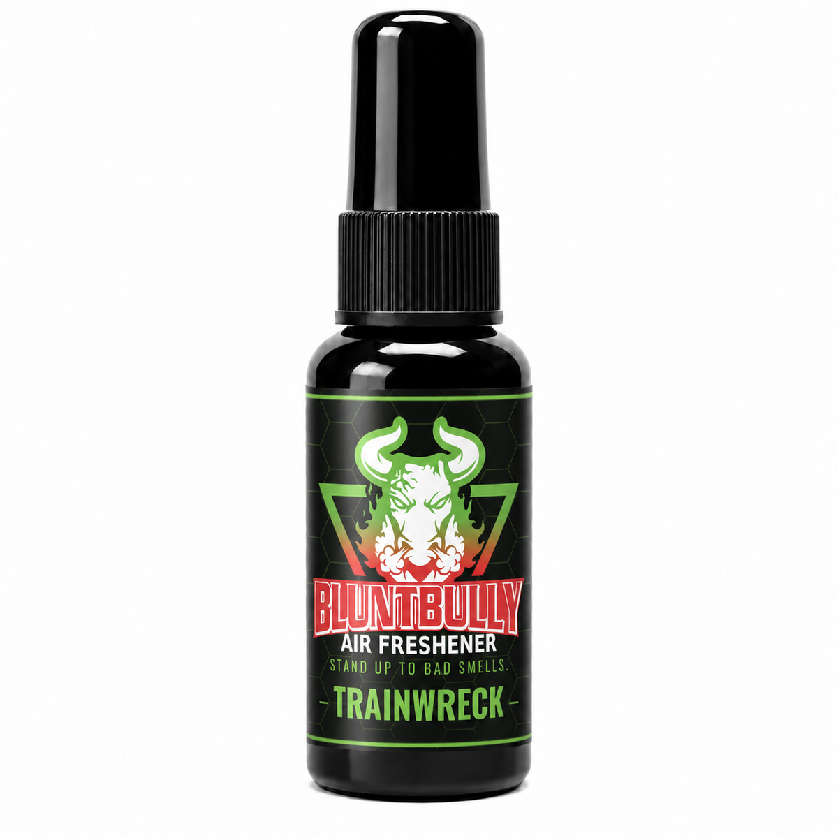 BluntBully Trainwreck air freshener 1 oz and 1.5 oz black spray bottle with individual scent label
