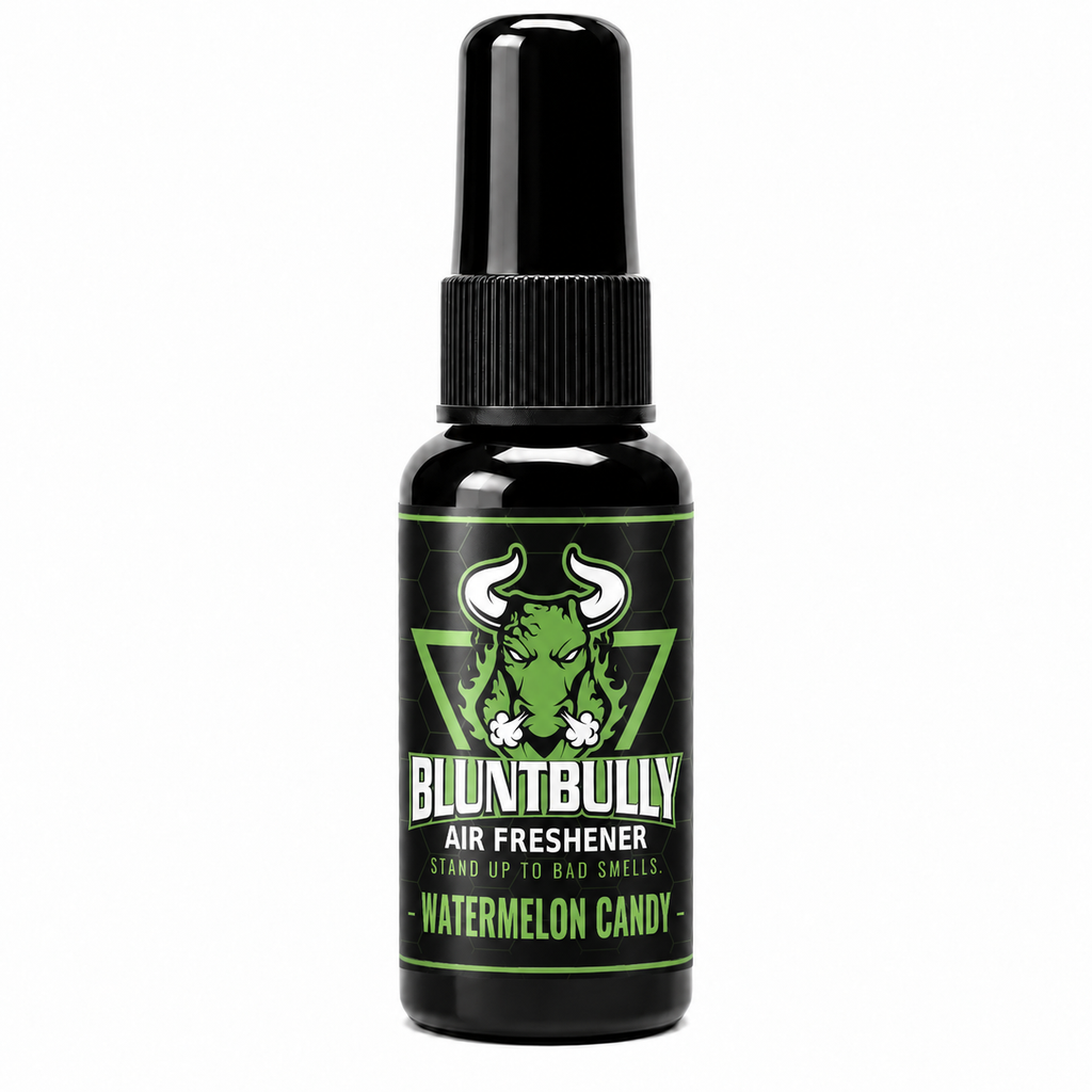 BluntBully Watermelon Candy air freshener 1 oz and 1.5 oz black spray bottle with individual scent label