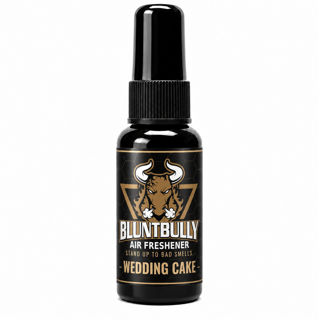 BluntBully Wedding Cake air freshener 1 oz and 1.5 oz black spray bottle with individual scent label