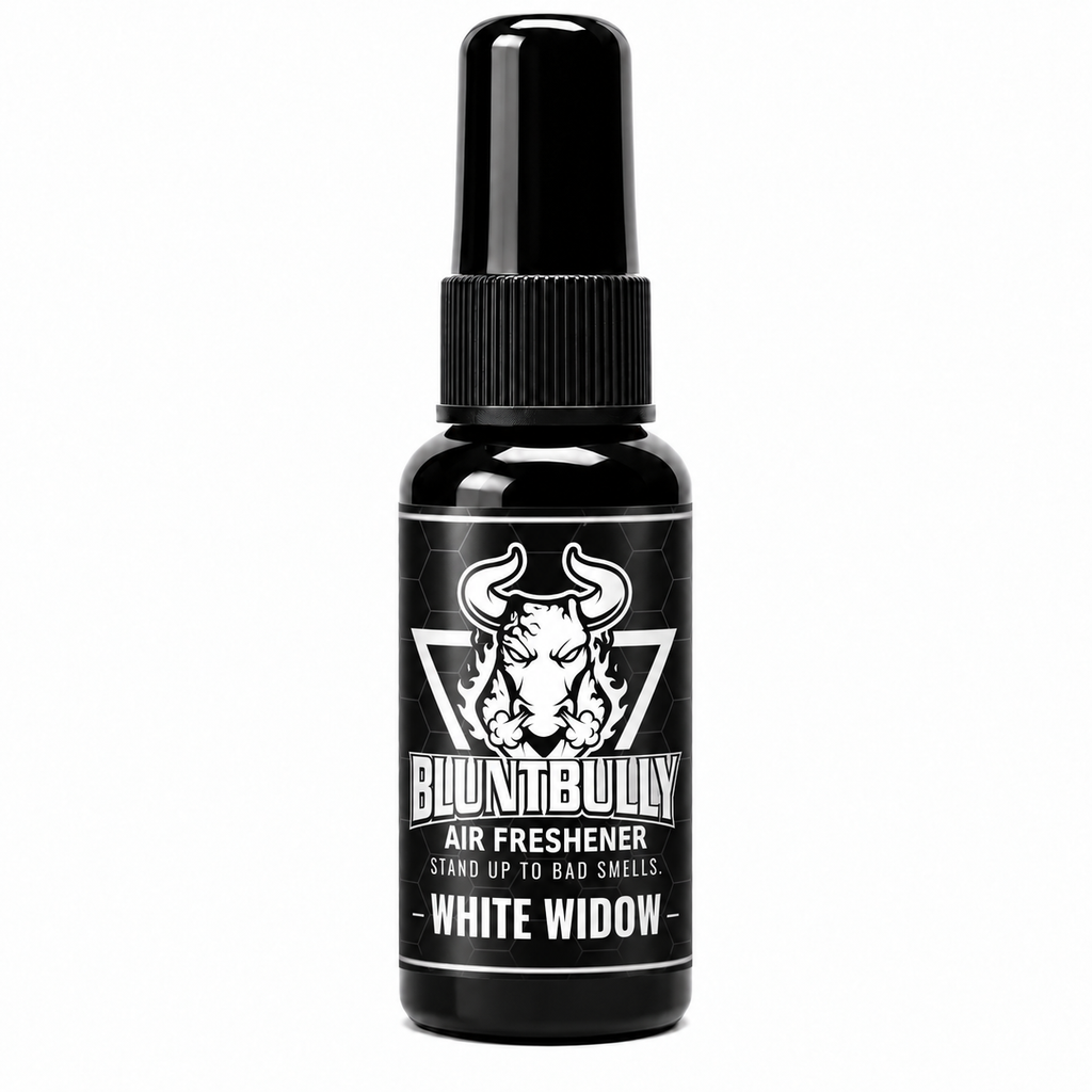 BluntBully White Widow air freshener 1 oz and 1.5 oz black spray bottle with individual scent label