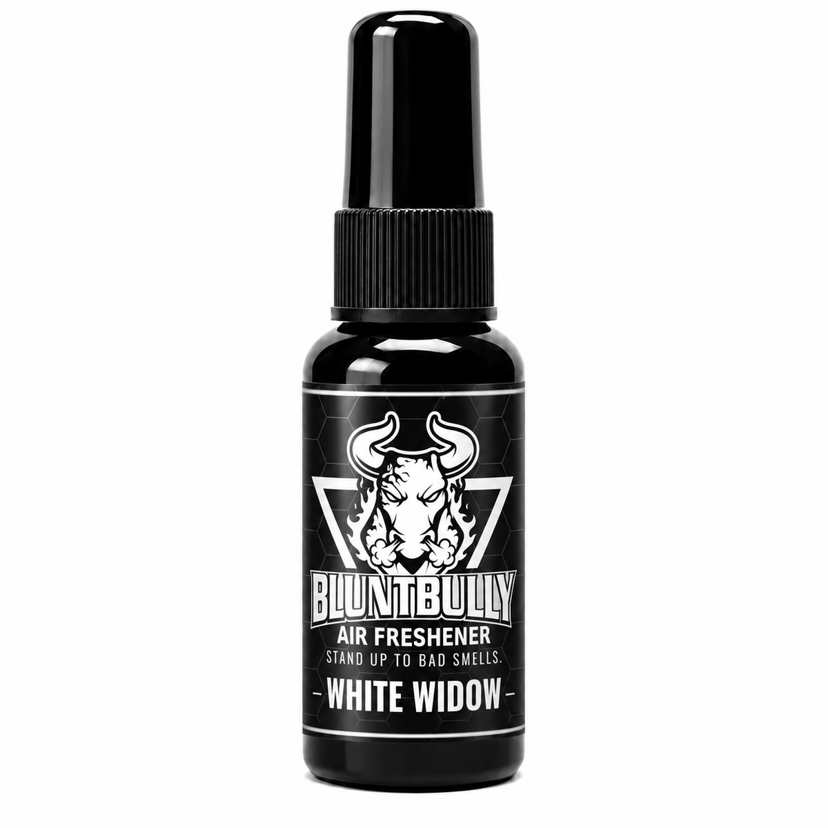 BluntBully White Widow air freshener 1 oz and 1.5 oz black spray bottle with individual scent label