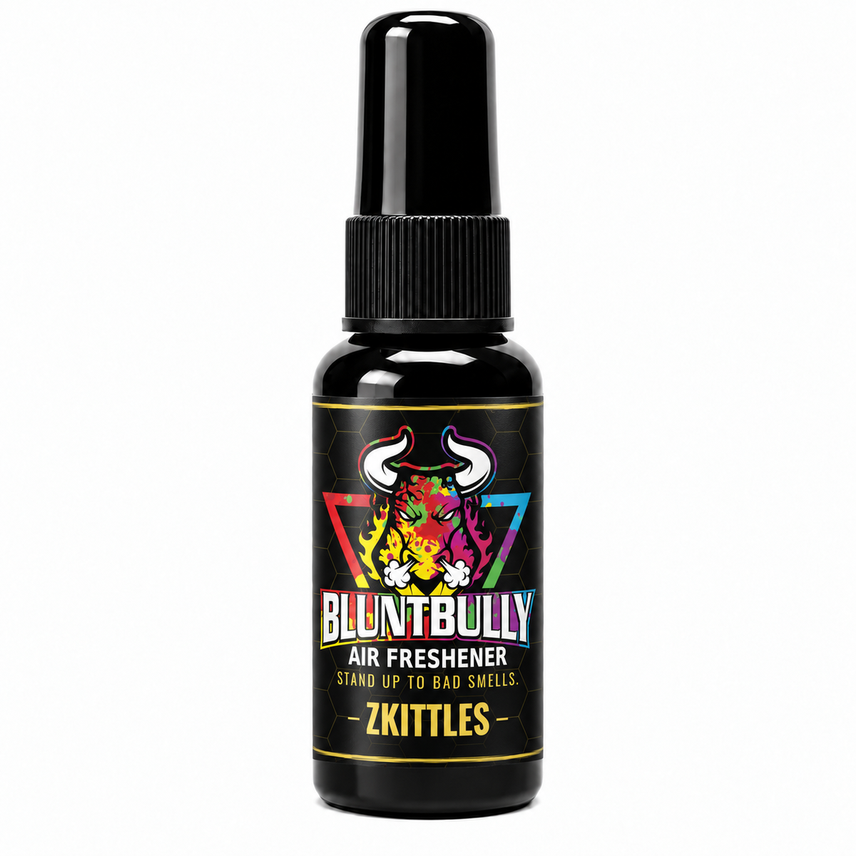 BluntBully Zkittles air freshener 1 oz and 1.5 oz black spray bottle with individual scent label