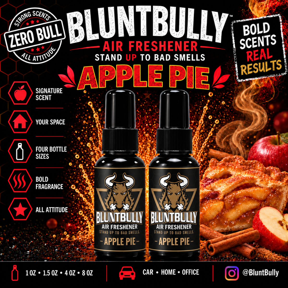 BluntBully Apple Pie air freshener illustrated scent card with individual scent label on the bottles