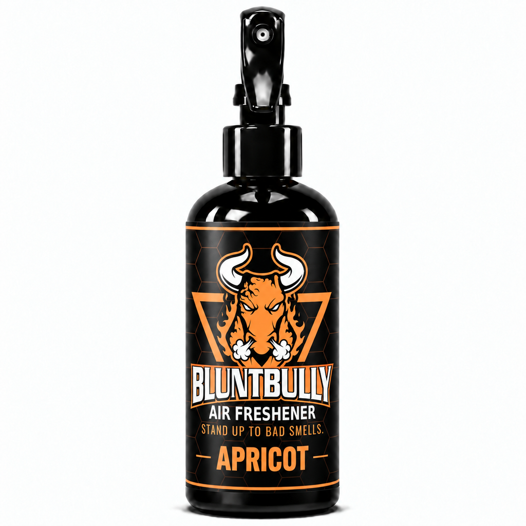 Blunt Bully Apricot Air Freshener Spray, 8 oz black trigger spray bottle with matching scent label
