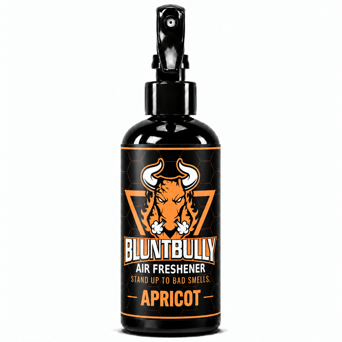 Blunt Bully Apricot Air Freshener Spray, 8 oz black trigger spray bottle with matching scent label