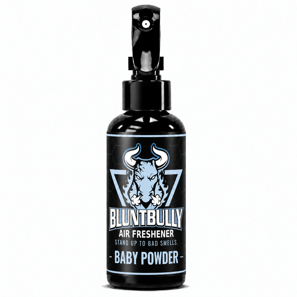 Blunt Bully Baby Powder Air Freshener Spray, 4 oz black trigger spray bottle with matching scent label