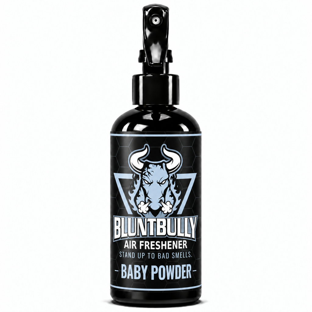 Blunt Bully Baby Powder Air Freshener Spray, 8 oz black trigger spray bottle with matching scent label