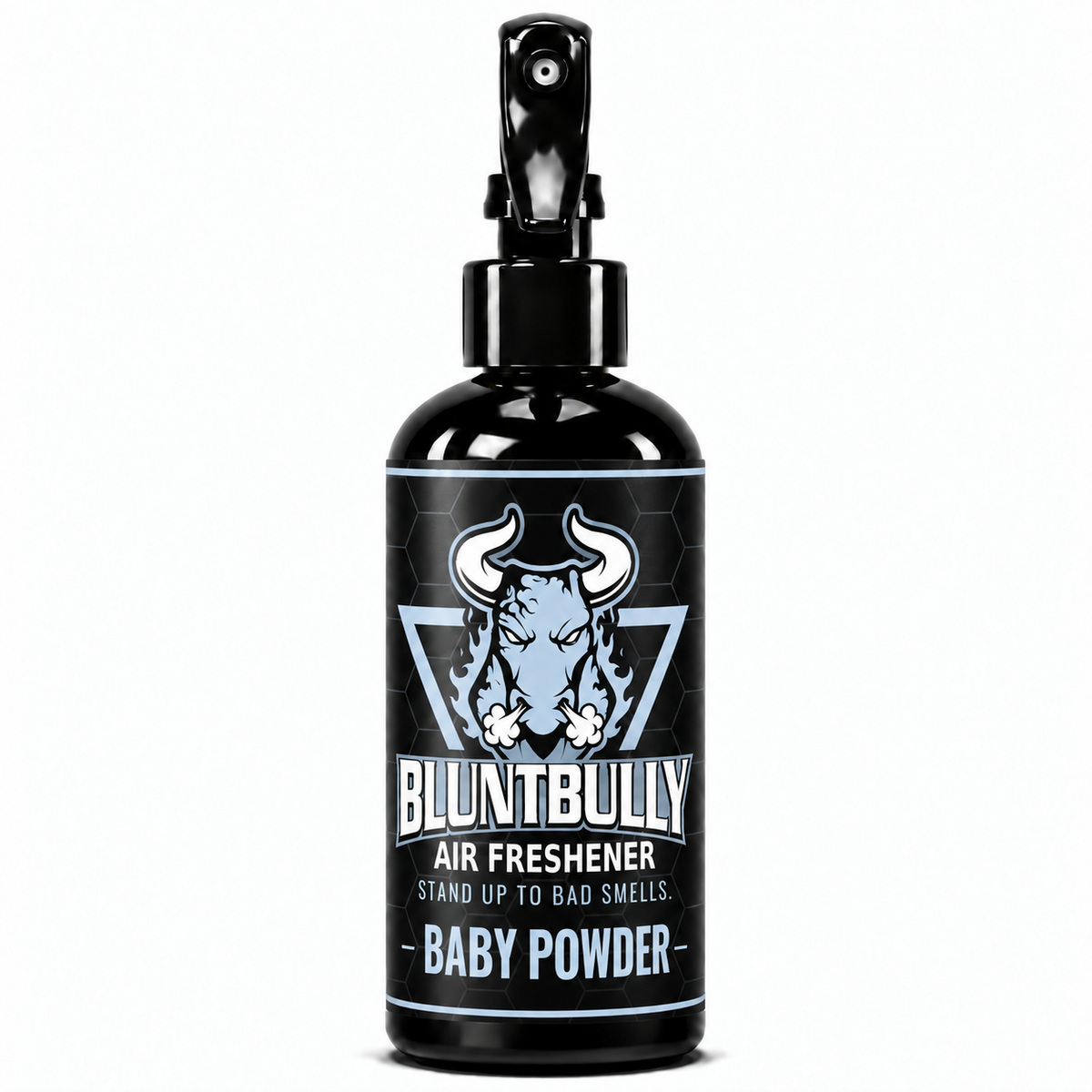 Blunt Bully Baby Powder Air Freshener Spray, 8 oz black trigger spray bottle with matching scent label