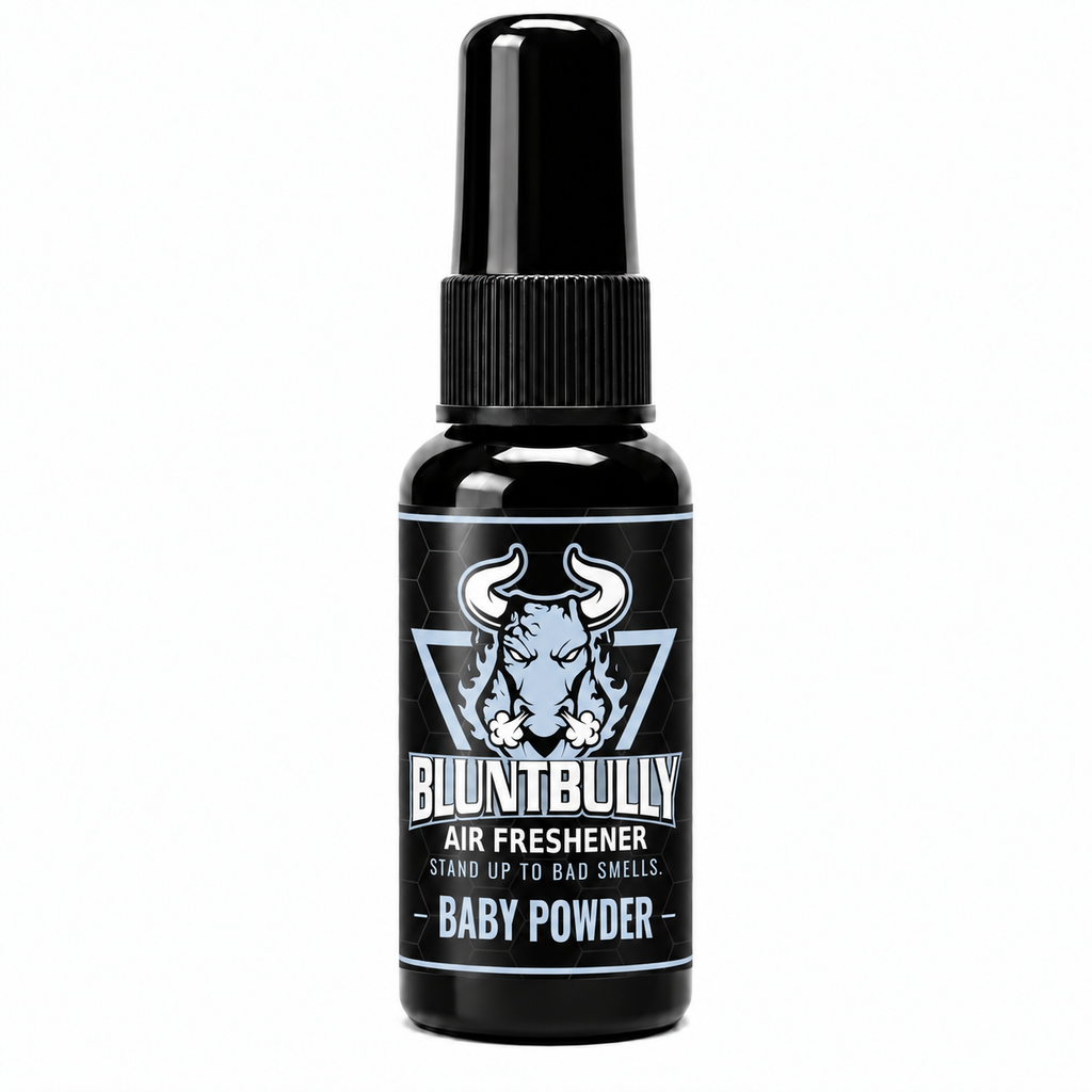 Blunt Bully Baby Powder air freshener spray bottle — new label mockup