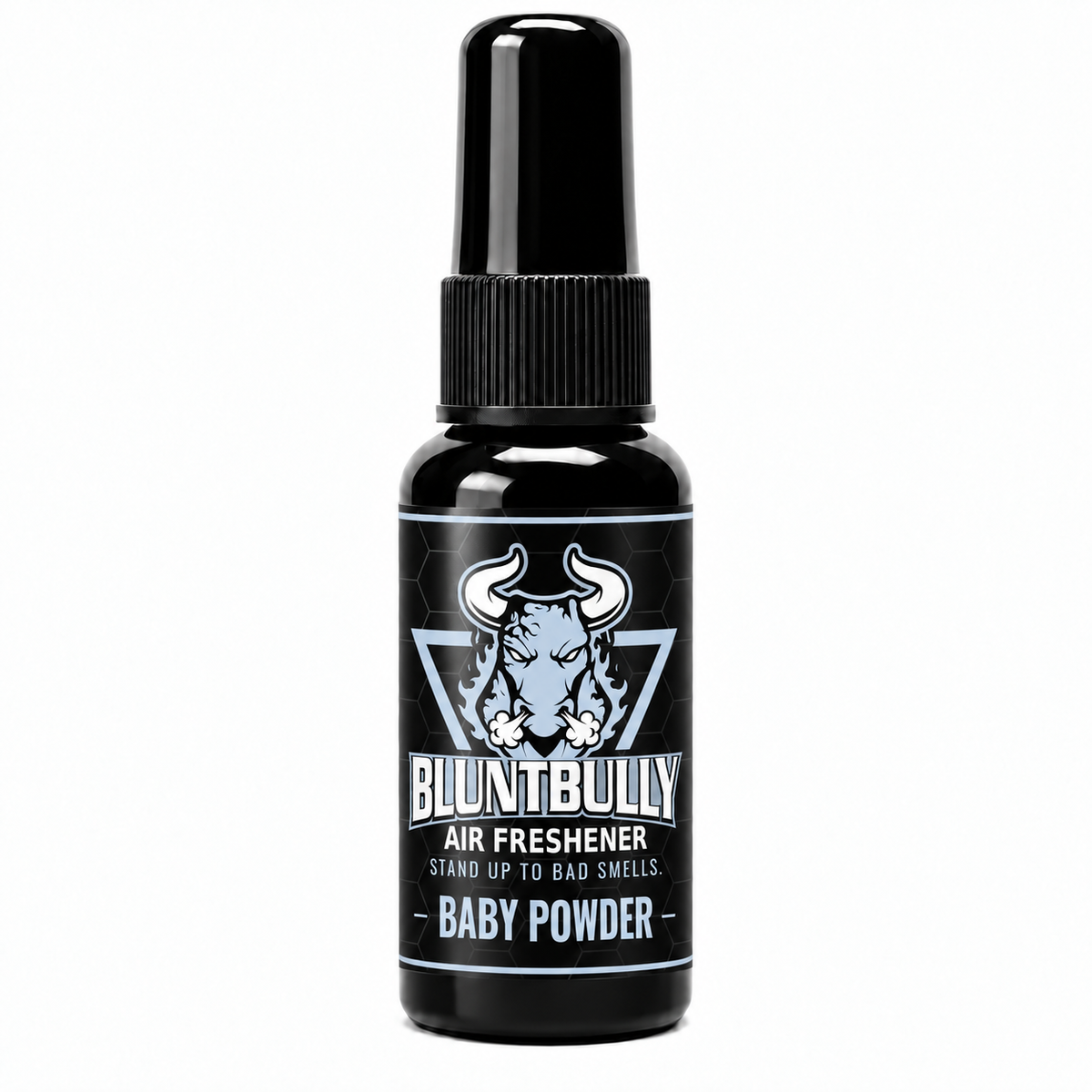 Blunt Bully Baby Powder air freshener spray bottle — new label mockup