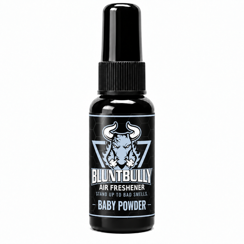 Blunt Bully Baby Powder air freshener spray bottle — new label mockup