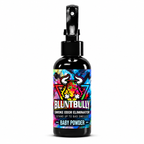 Blunt Bully Baby Powder Smoke Odor Eliminator Spray, 4 oz black spray bottle with matching scent label on white background