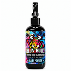 Blunt Bully Baby Powder Smoke Odor Eliminator Spray, 8 oz black spray bottle with matching scent label on white background