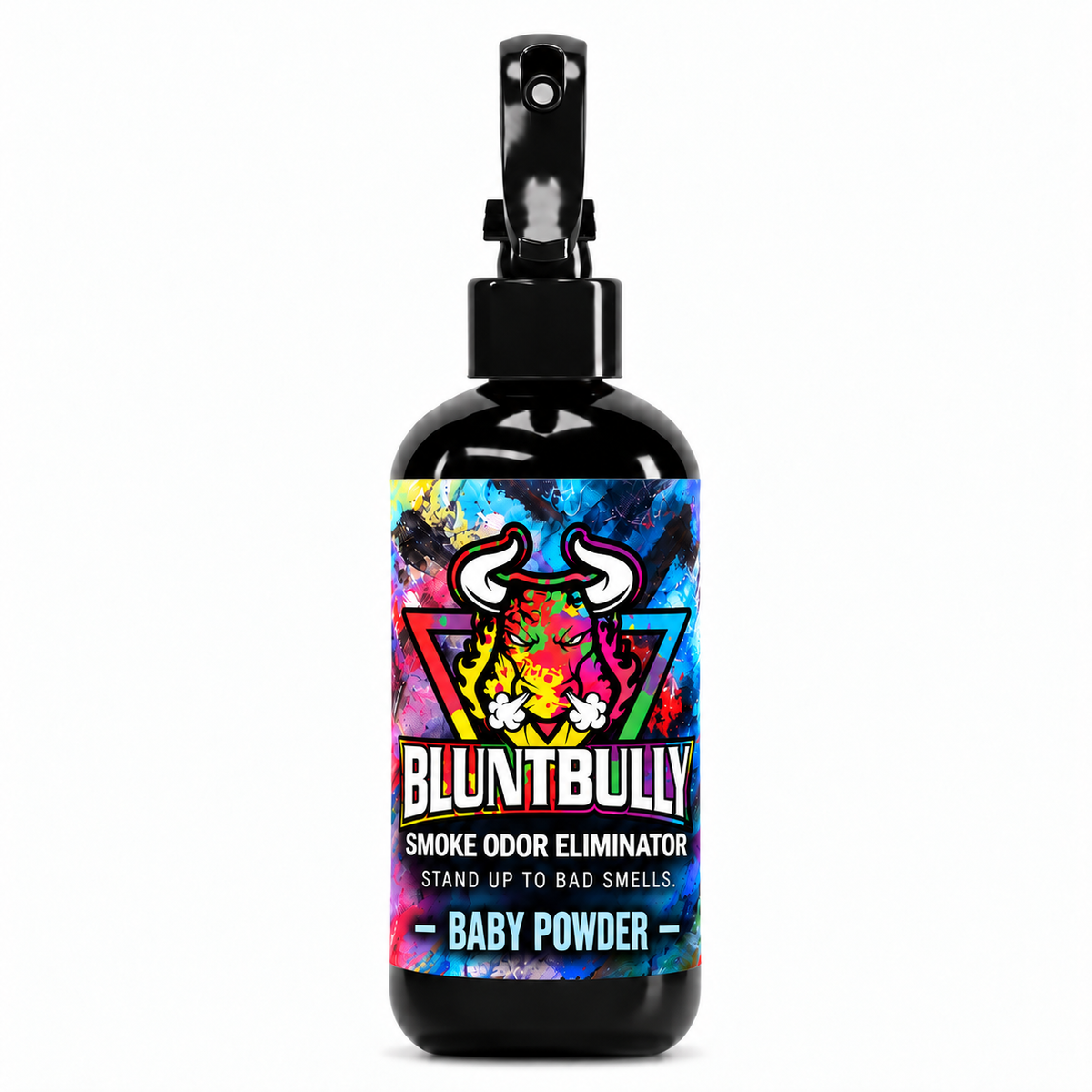 Blunt Bully Baby Powder Smoke Odor Eliminator Spray, 8 oz black spray bottle with matching scent label on white background