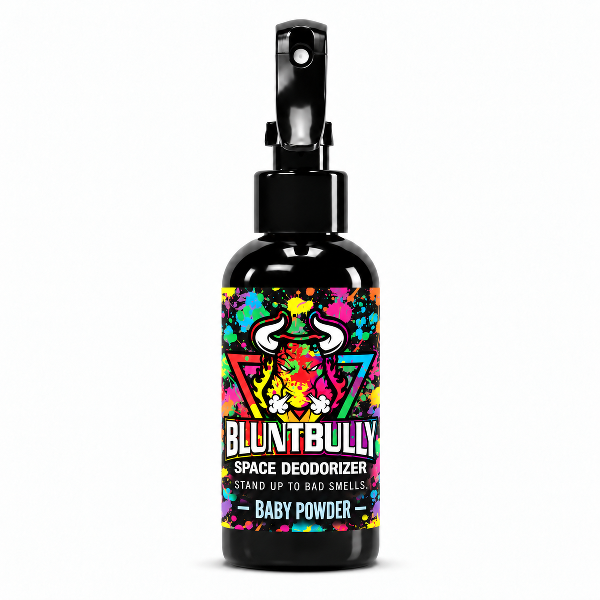 Blunt Bully Baby Powder Space Deodorizer Spray, 4 oz black spray bottle with matching scent label on white background