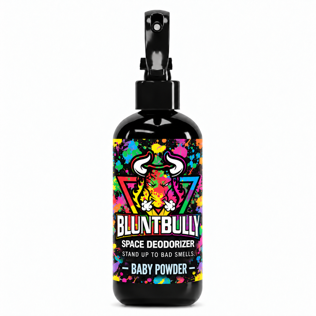 Blunt Bully Baby Powder Space Deodorizer Spray, 8 oz black spray bottle with matching scent label on white background