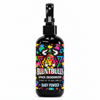 Blunt Bully Baby Powder Space Deodorizer Spray, 8 oz black spray bottle with matching scent label on white background