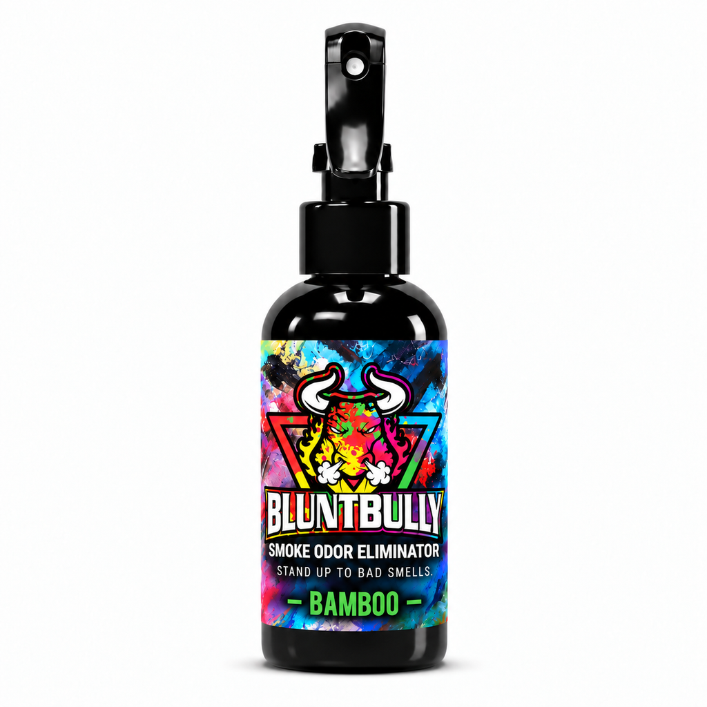 Blunt Bully Bamboo Smoke Odor Eliminator Spray, 4 oz black spray bottle with matching scent label on white background