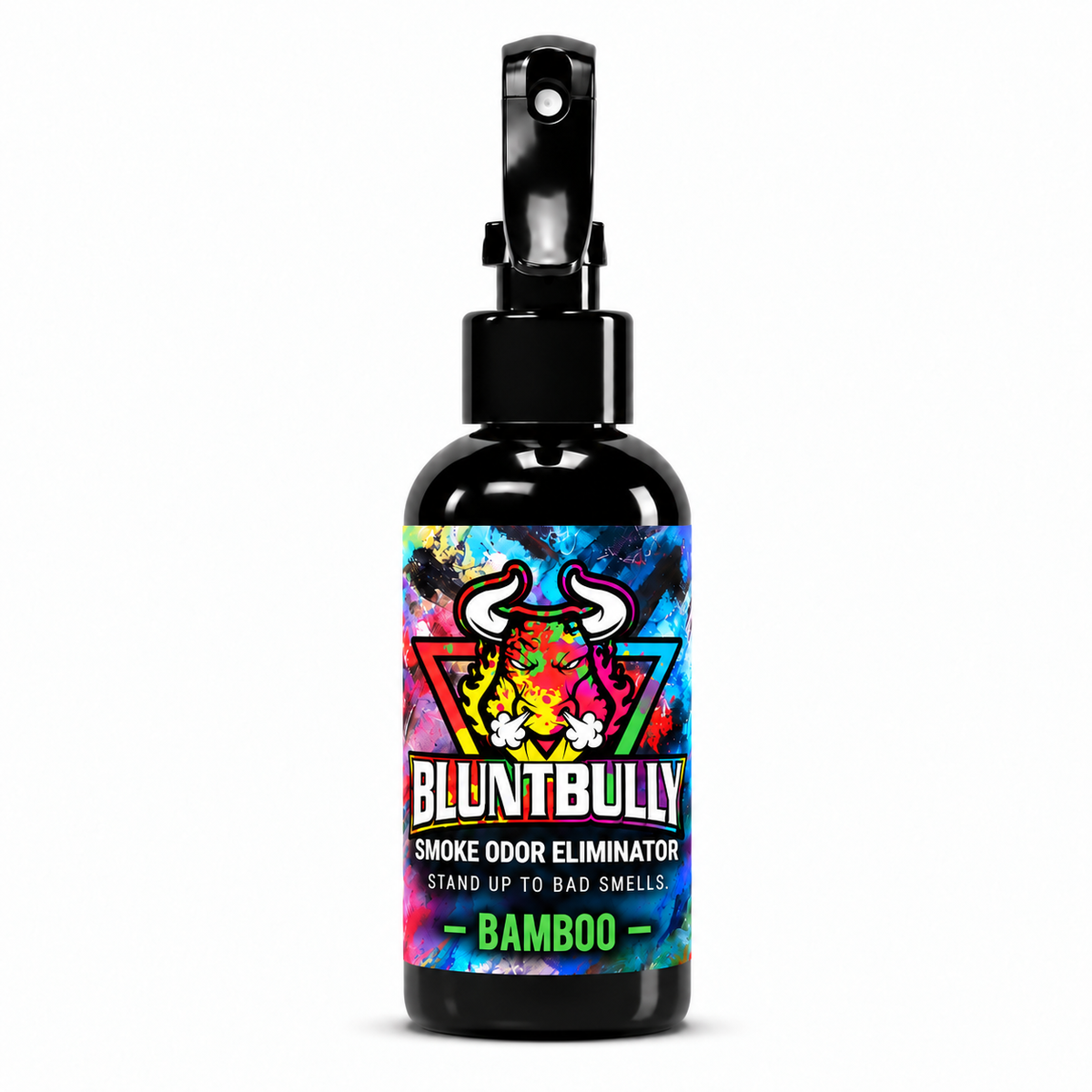Blunt Bully Bamboo Smoke Odor Eliminator Spray, 4 oz black spray bottle with matching scent label on white background