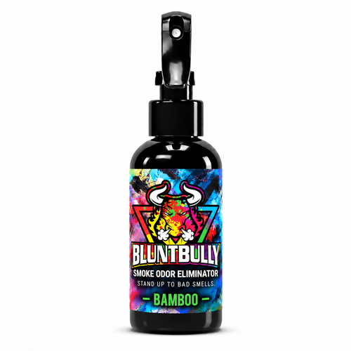 Blunt Bully Bamboo Smoke Odor Eliminator Spray, 4 oz black spray bottle with matching scent label on white background