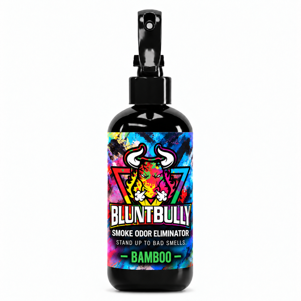 Blunt Bully Bamboo Smoke Odor Eliminator Spray, 8 oz black spray bottle with matching scent label on white background