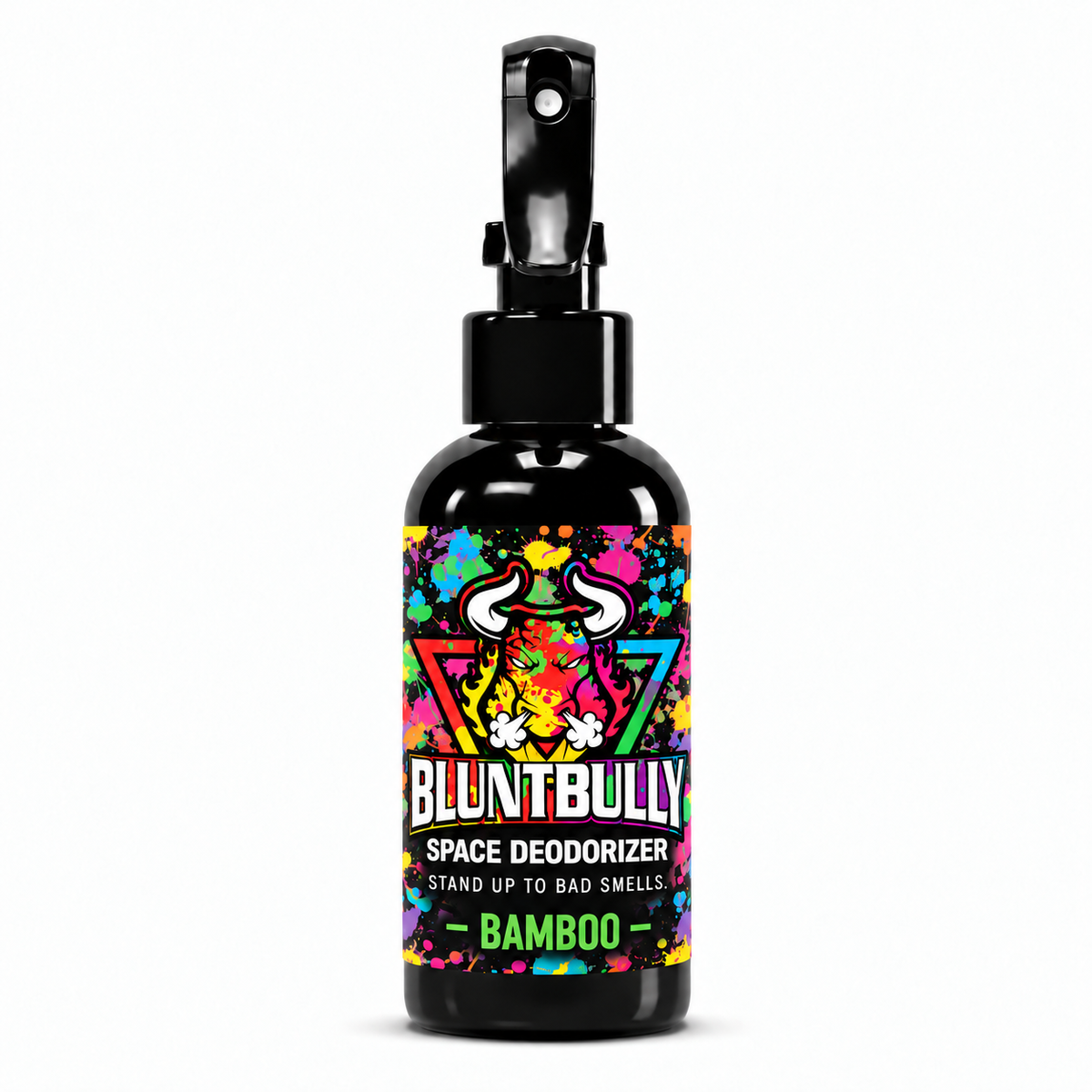 Blunt Bully Bamboo Space Deodorizer Spray, 4 oz black spray bottle with matching scent label on white background