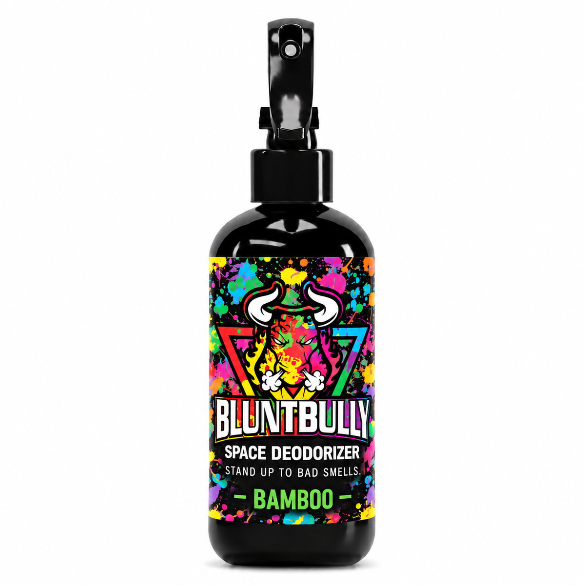Blunt Bully Bamboo Space Deodorizer Spray, 8 oz black spray bottle with matching scent label on white background