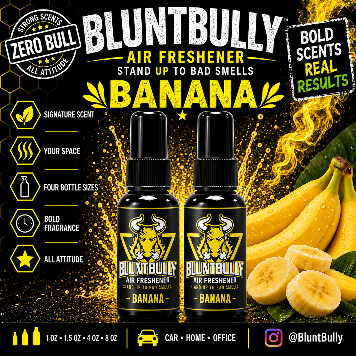 BluntBully Banana air freshener illustrated scent card with individual scent label on the bottles