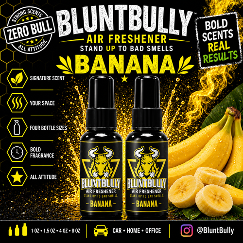 BluntBully Banana air freshener illustrated scent card with individual scent label on the bottles