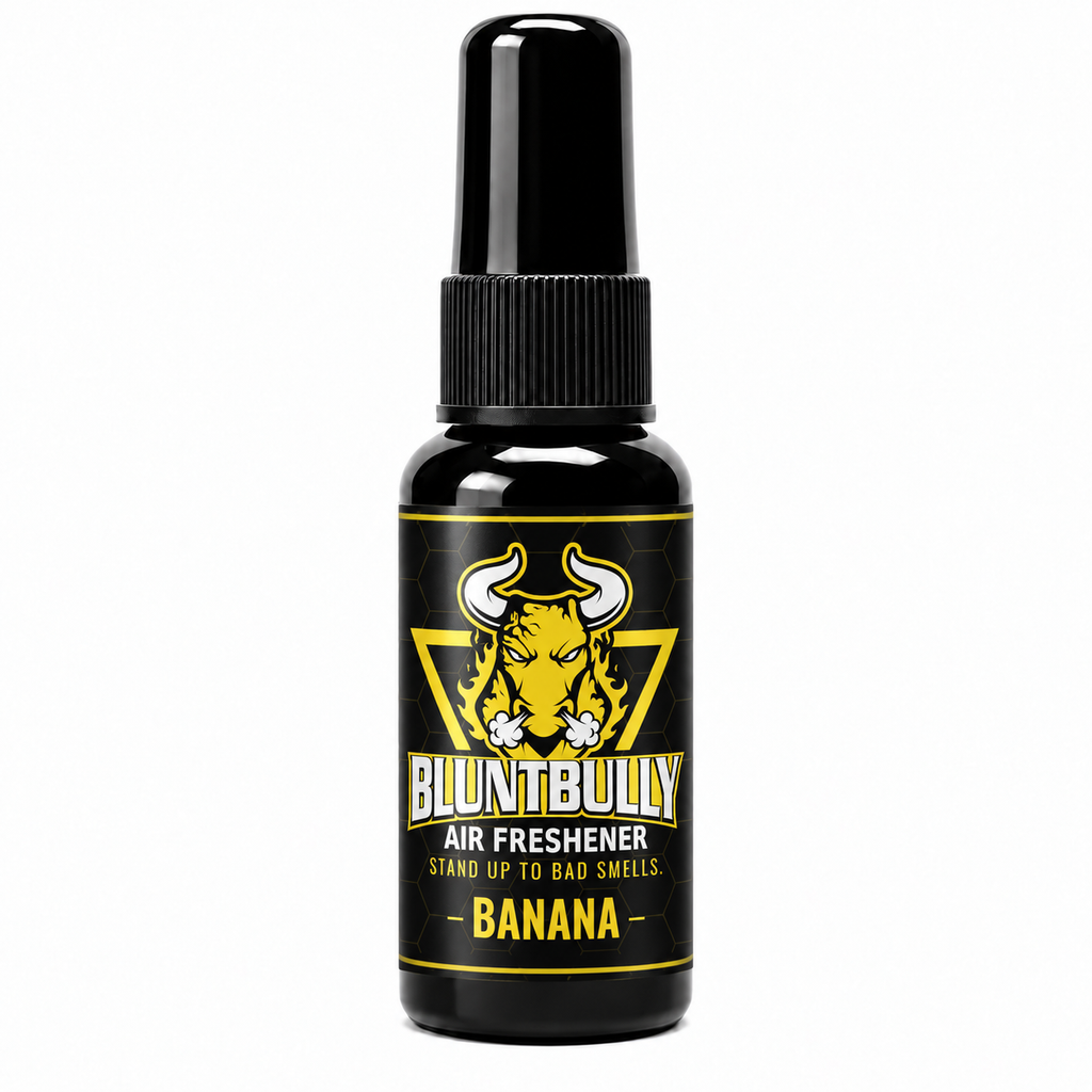 BluntBully Banana air freshener 1 oz and 1.5 oz black spray bottle with individual scent label
