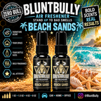BluntBully Beach Sands air freshener illustrated scent card with individual scent label on the bottles