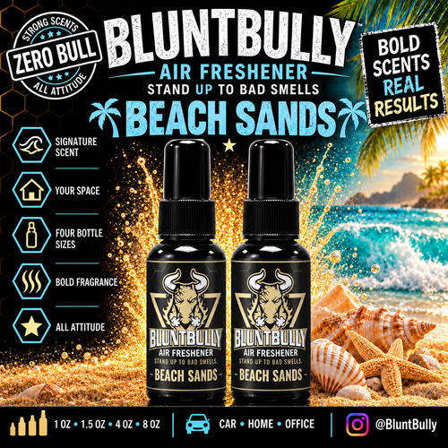BluntBully Beach Sands air freshener illustrated scent card with individual scent label on the bottles