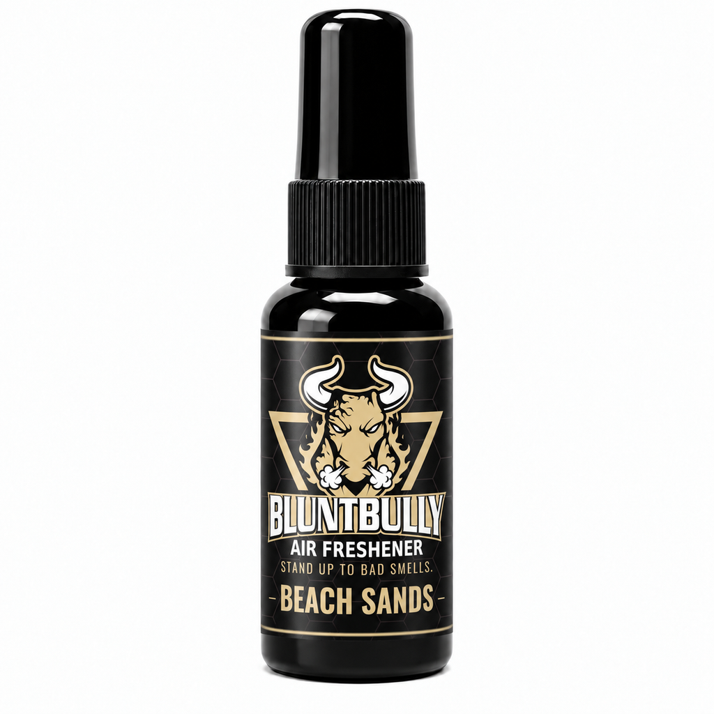 BluntBully Beach Sands air freshener 1 oz and 1.5 oz black spray bottle with individual scent label
