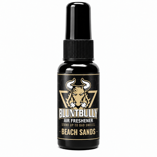 BluntBully Beach Sands air freshener 1 oz and 1.5 oz black spray bottle with individual scent label