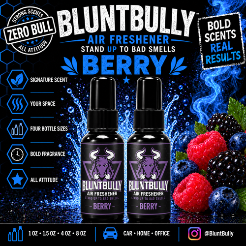BluntBully Berry air freshener illustrated scent card with individual scent label on the bottles