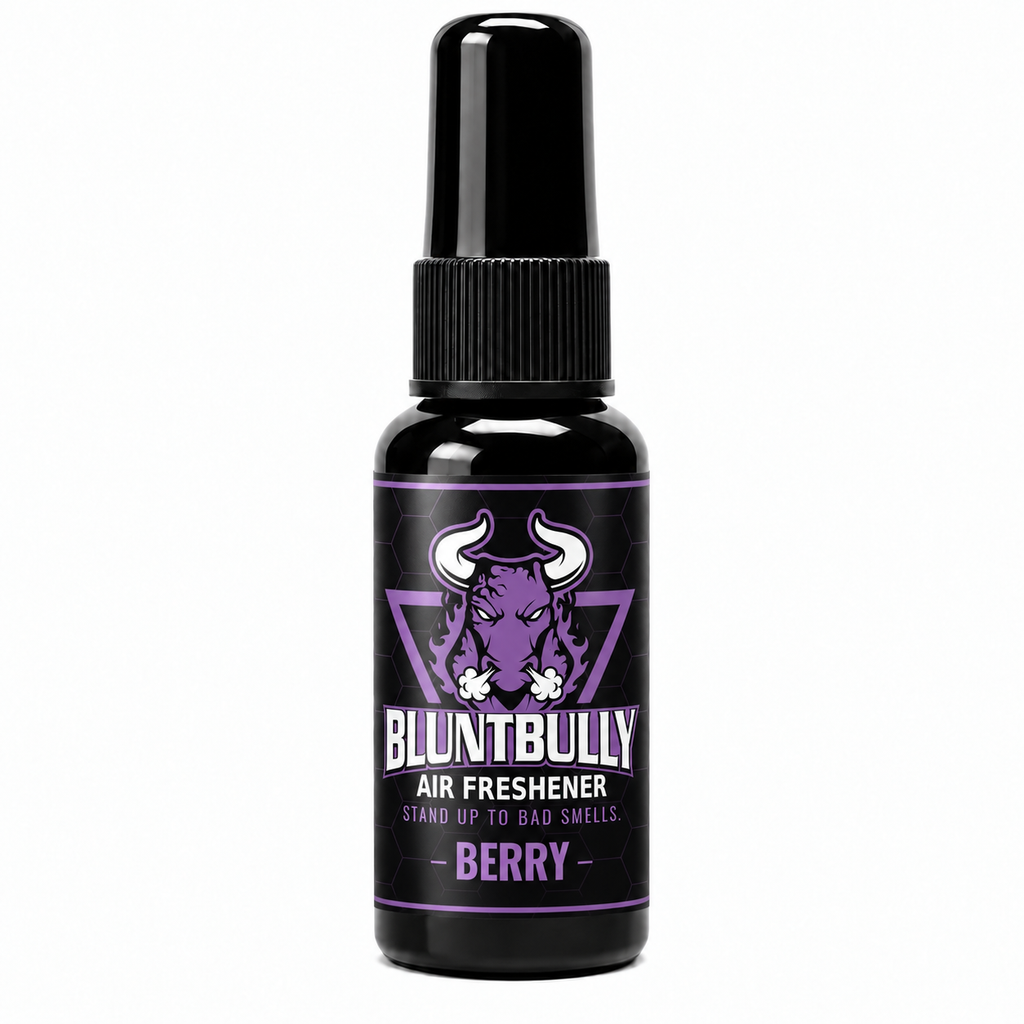 BluntBully Berry air freshener 1 oz and 1.5 oz black spray bottle with individual scent label