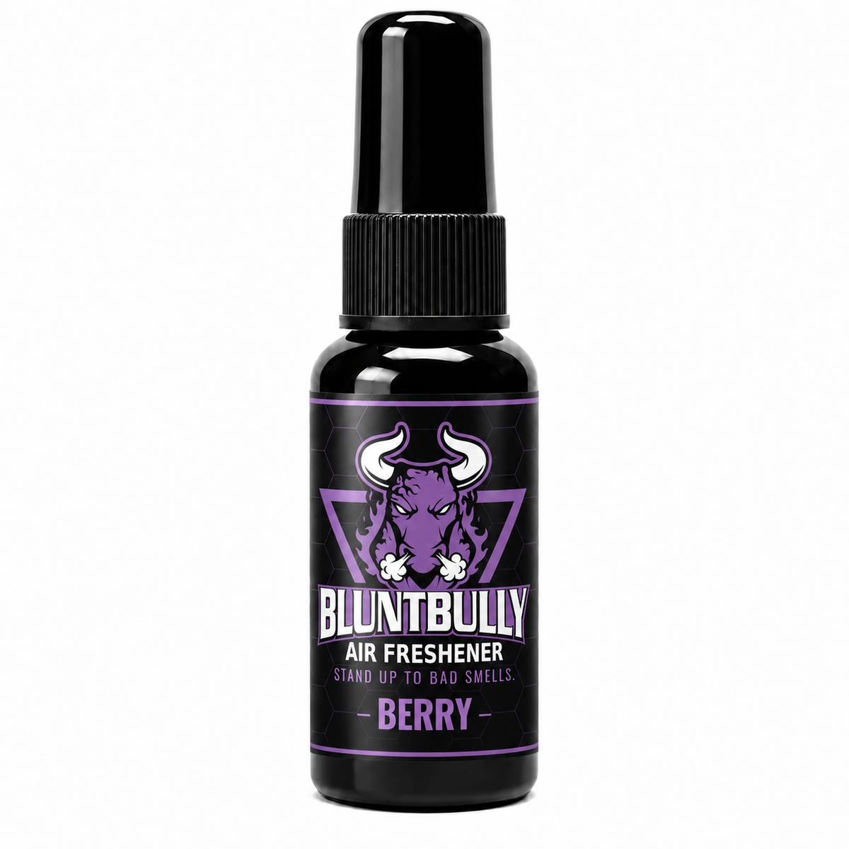BluntBully Berry air freshener 1 oz and 1.5 oz black spray bottle with individual scent label