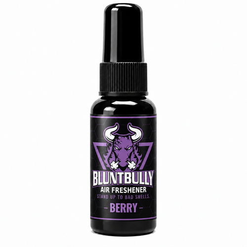 BluntBully Berry air freshener 1 oz and 1.5 oz black spray bottle with individual scent label
