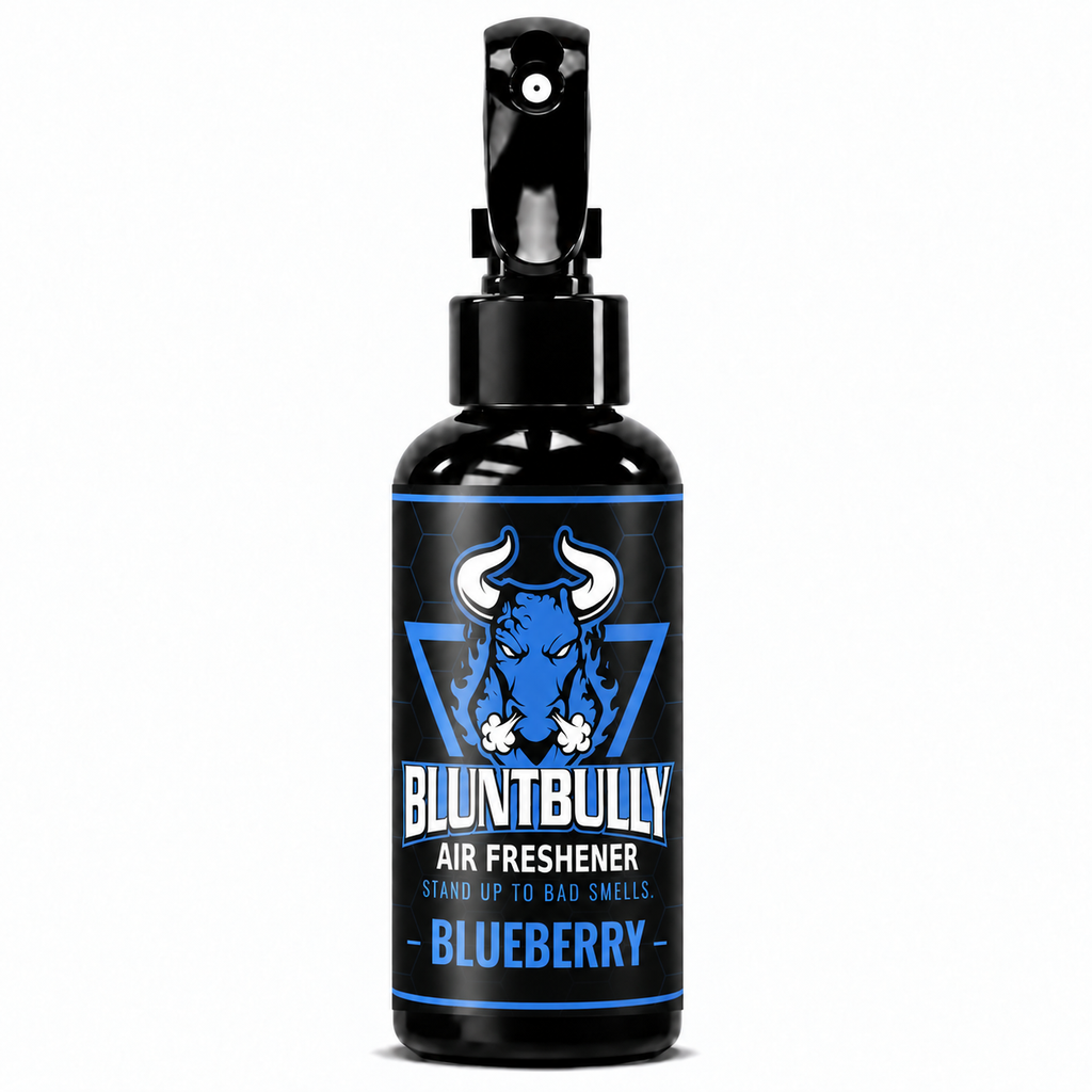 Blunt Bully Blueberry Air Freshener Spray, 4 oz black trigger spray bottle with blue scent label