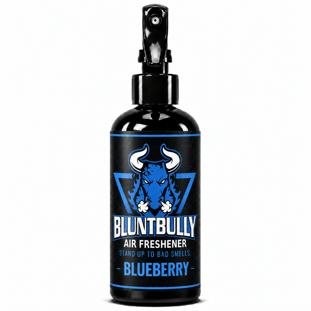 Blunt Bully Blueberry Air Freshener Spray, 8 oz black trigger spray bottle with blue scent label