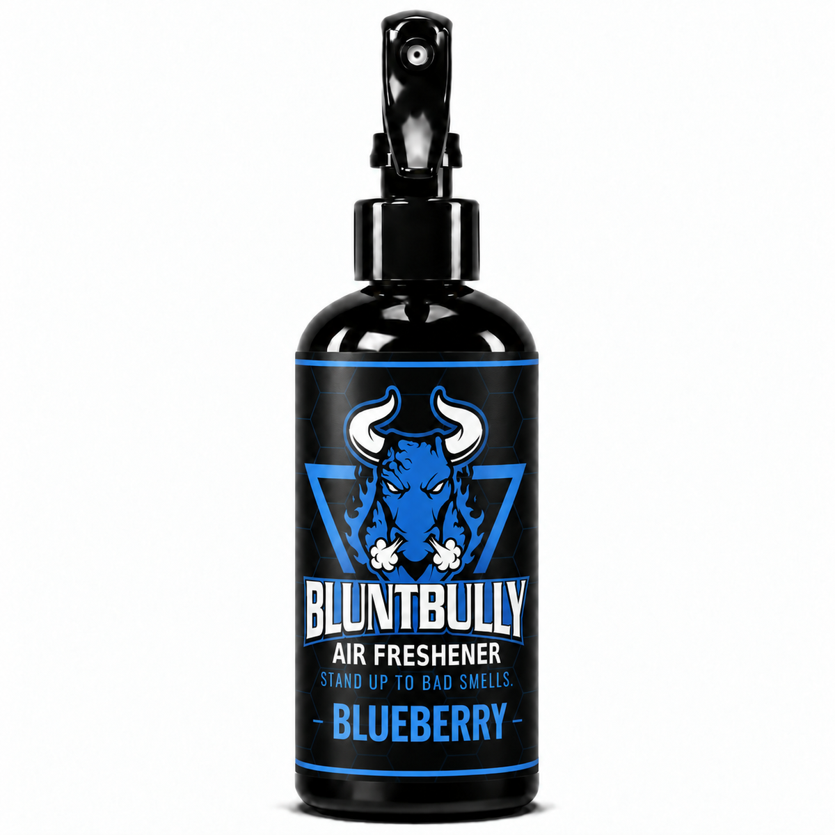 Blunt Bully Blueberry Air Freshener Spray, 8 oz black trigger spray bottle with blue scent label