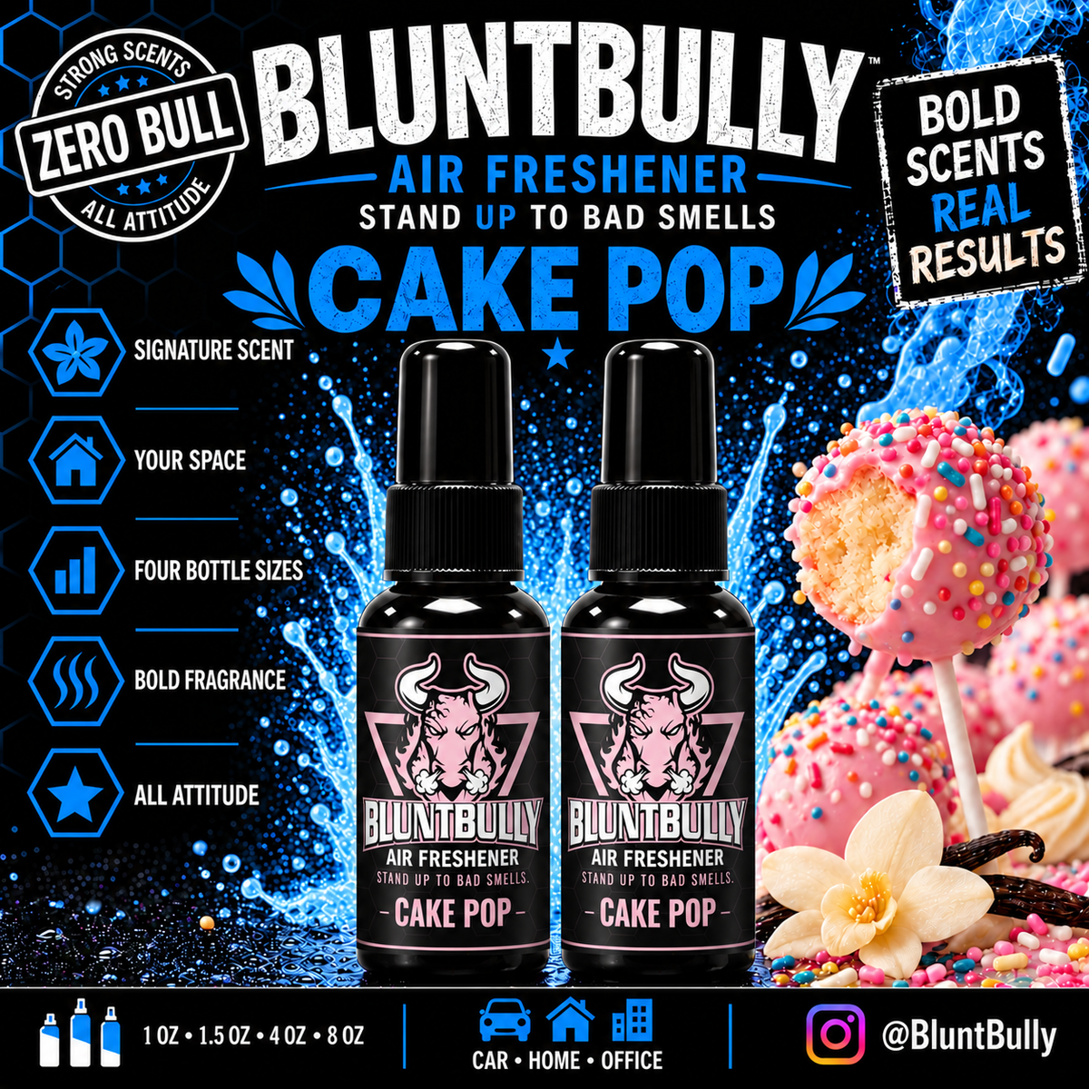 BluntBully Cake Pop air freshener illustrated scent card with individual scent label on the bottles