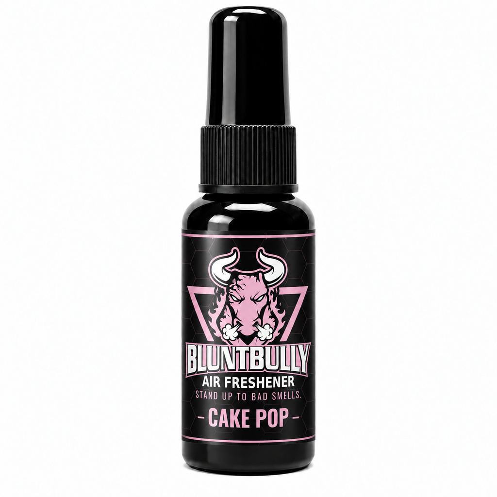 BluntBully Cake Pop air freshener 1 oz and 1.5 oz black spray bottle with individual scent label