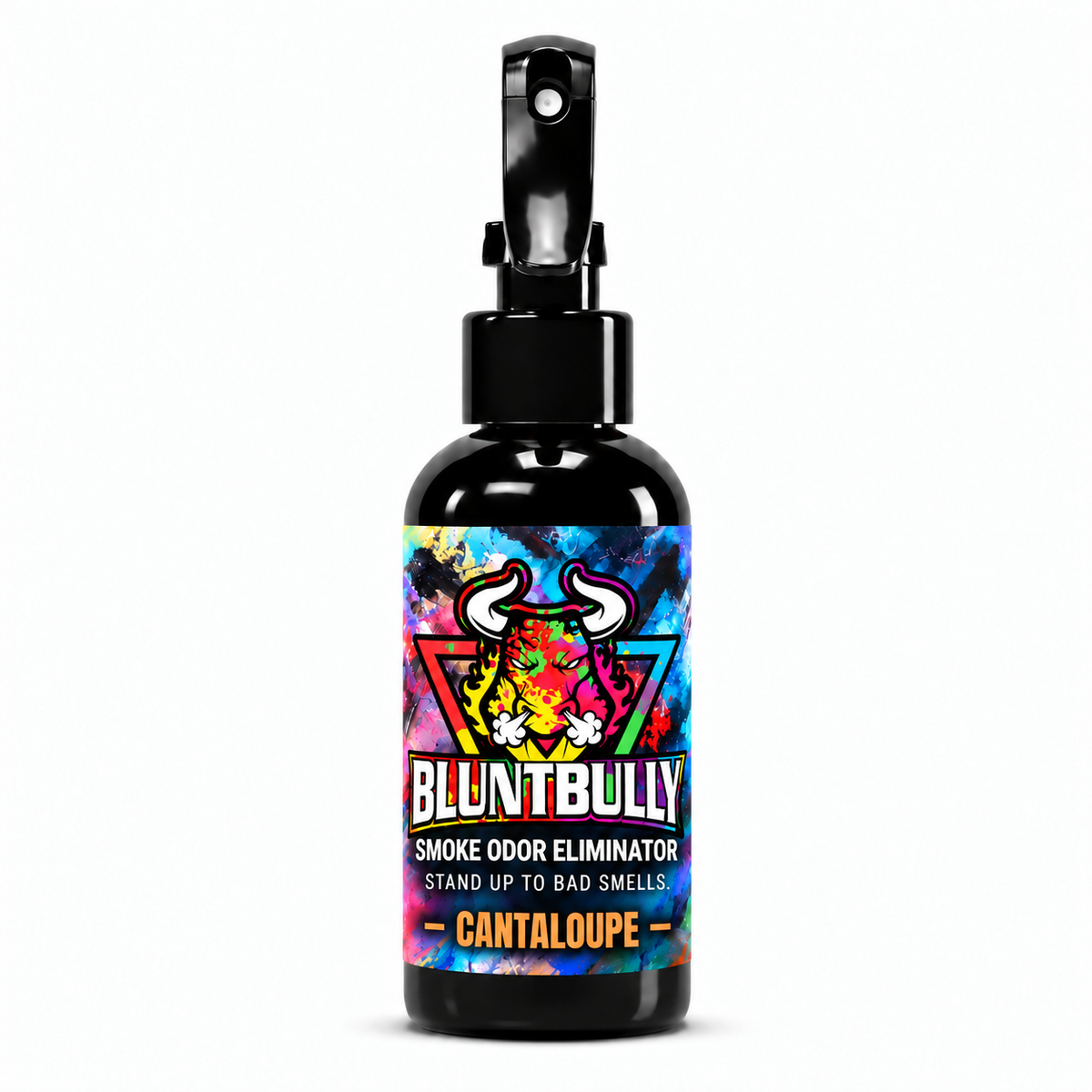 Blunt Bully Cantaloupe Smoke Odor Eliminator Spray, 4 oz black spray bottle with matching scent label on white background