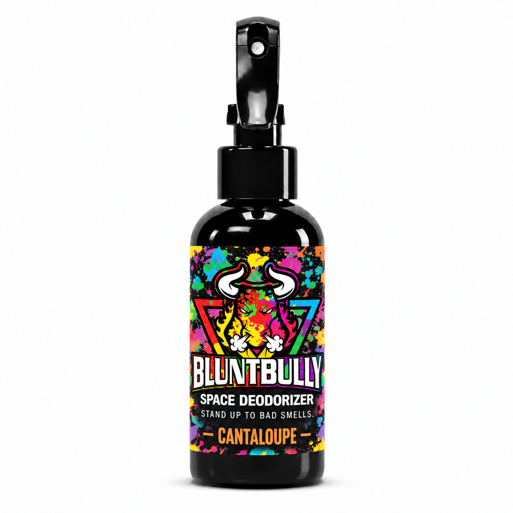 Blunt Bully Cantaloupe Space Deodorizer Spray, 4 oz black spray bottle with matching scent label on white background