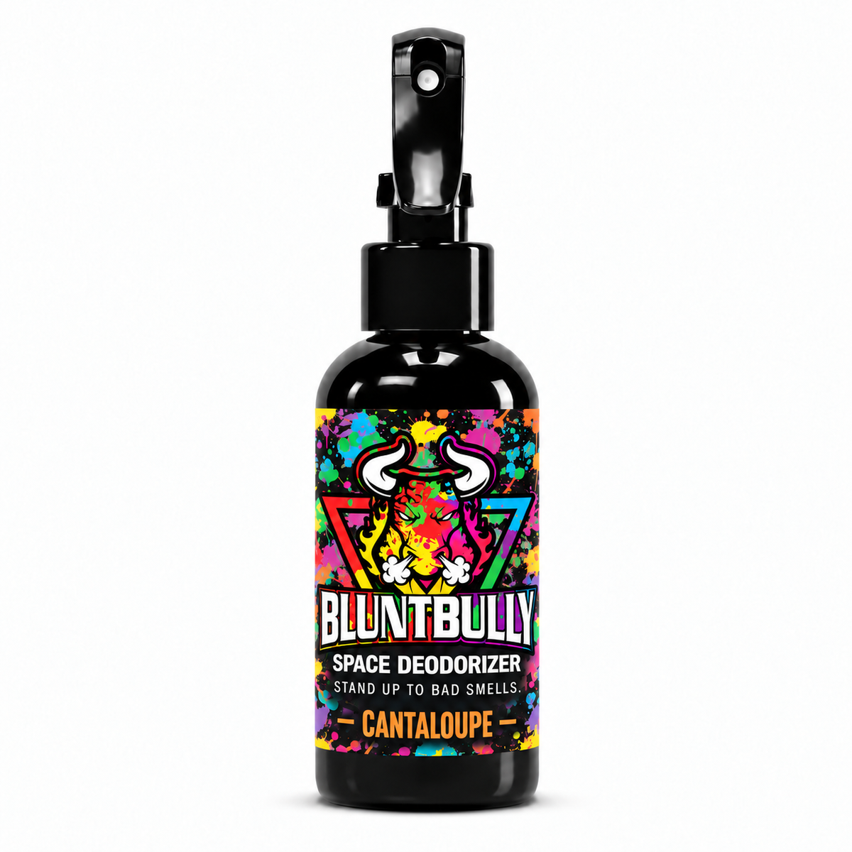 Blunt Bully Cantaloupe Space Deodorizer Spray, 4 oz black spray bottle with matching scent label on white background