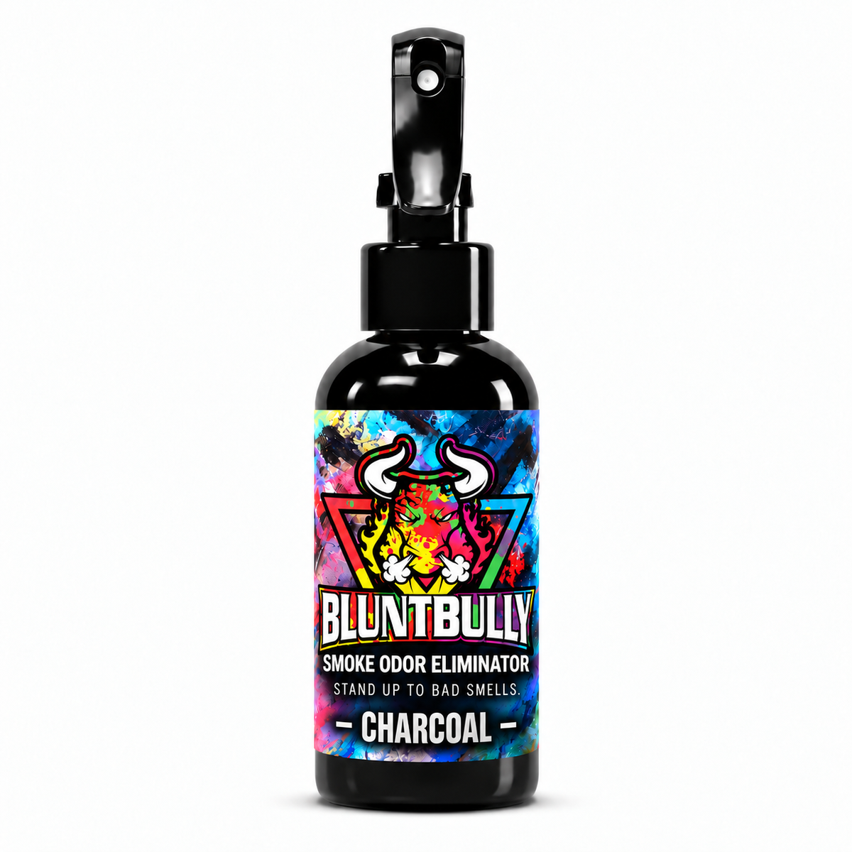 Blunt Bully Charcoal Smoke Odor Eliminator Spray, 4 oz black spray bottle with matching scent label on white background