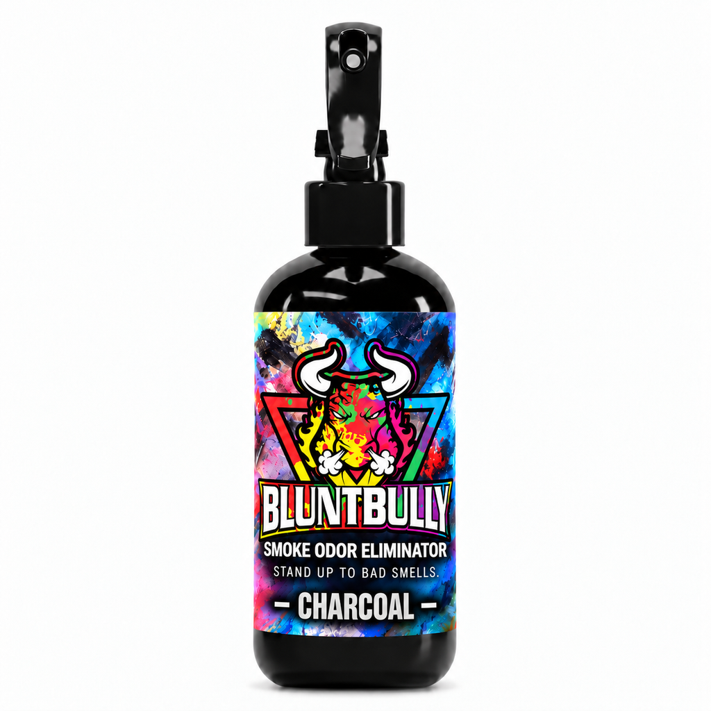 Blunt Bully Charcoal Smoke Odor Eliminator Spray, 8 oz black spray bottle with matching scent label on white background